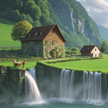 farm with hen and house in the country of Switzerland with waterfall background
