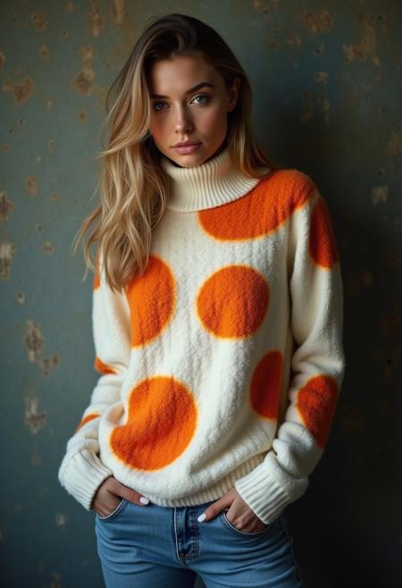 A young woman with medium boobs, perfect eyes, light makeup, posing in a studio. She is wearing a white sweater with very large orange textured spots with a high neck and long sleeves. The sweater is made of a soft, fuzzy material. She has mid length brunette hair with blonde streaks and is wearing blue jeans. The woman is standing with her hands in her pockets and is looking directly at the camera with a seductive expression. rembrandt lighting, grungy textured background wall, dark theme, kodak portra colors, professional color grading , high budget production