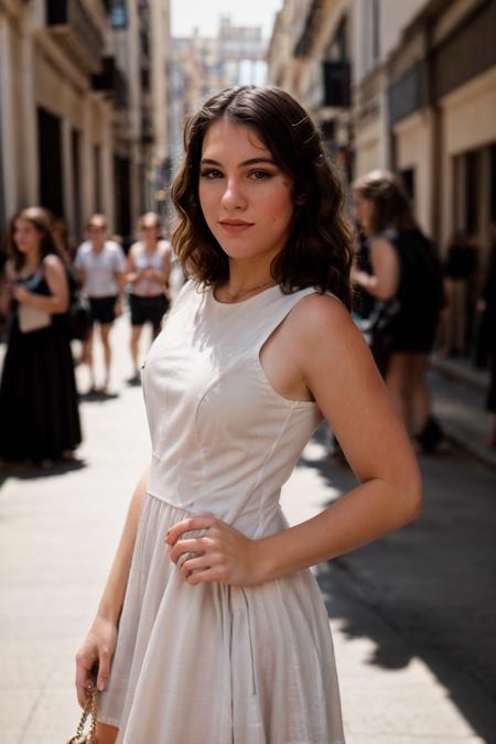 <lora:BeckySavage:0.8>, full color portrait of a young woman, wearing a dress, in a crowded street, natural light, RAW photo, subject, 8k uhd, dslr, soft lighting, high quality, film grain, Fujifilm XT3