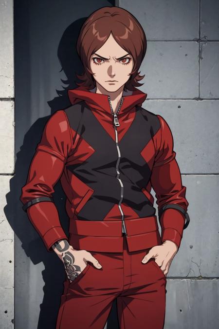 masterpiece, best quality, solo, 1boy,  serious, looking at viewer,  <lora:Tatsuya_Fp:1>, tatsuyaep, red jacket, red pants,  tattoo, hand tattoo, hand in pocket,