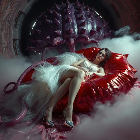 young  russian bride in ivory honeymoon lingerie  and  glossy high heels, entangled in long tentacles, laying  reclined in weird red foil pillows, covered with giant ultrathin transparent slime veils,   giant portal to outer space, fog from the floor, giant purple alien carnivorous flower with glossy spiked petals at background, weird alien hive slime walls and fleshy floor, horror, reminiscent of H.R. Giger, Zdzisław Beksinski, and Ash Thorp's dark, sleek styles, with close-up glamour photography, glossy satin and silver heels glistening, fleshy slime dripping, and dark shadows.