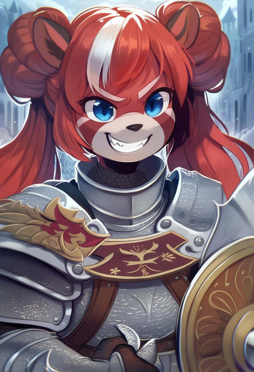 score_9, score_8_up, score_7_up, 
Reina, 1girl, solo, long hair, anthro, red hair, blue eyes, white hair, multicolored hair, twintails, two-tone fur, double bun, upper body, evil grin, knight, pauldrons, chestplate, greaves, cuisses, chainmail, gauntlets, castle background, shield crest