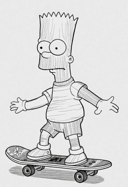 (masterpiece)
Bart Simpson on a skateboard, 
(Pencil_Sketch:1.2, messy lines, greyscale, traditional media, sketch),
unfinished, hatching (texture),
HDR, 8k, intricated detail, trending on artstation,