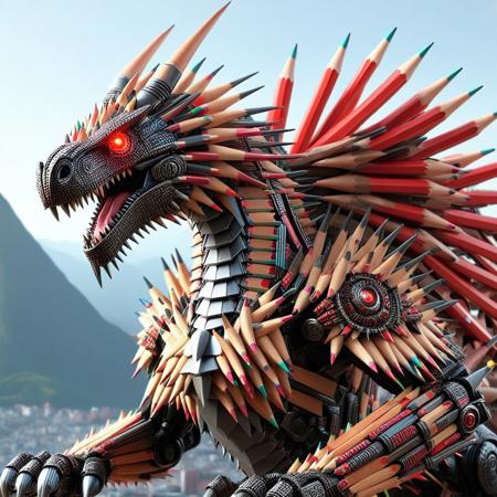 Pencil_morph_style, codeandigital, c0dean0igital, cyberw0rlds, no humans, dragon made of pencils, mountain background, wings made of pencils, claws, solo, open mouth, tail, red eyes, sharp teeth, teeth, monster, robot, full body, non-humanoid robot, horns, mecha, flying, tongue, from side, creature, fangs, science fiction, glowing, spikes, red eyes, pencil scales, red gem, looking at viewer, armor made of pencils, Tokio background, Tokio, mountain