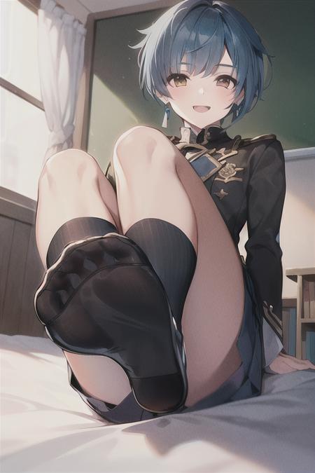 <lora:xingqiu-000018:0.7>,1boy,solo, light blue hair, fluffy medium-short hair, bangs,earrings, brown eyes, {Round eyes}, rounded Eyelids, Brilliant smile, blue and black Military highschool dress, Fuller face,((school uniform)), (show foot), bed classroom, finely detailed_fingers, ((masterpiece,best quality)), dynamic angle, (beautiful delicate face:1.1), solo,(1boy:1.3), masterpiece, best quality,