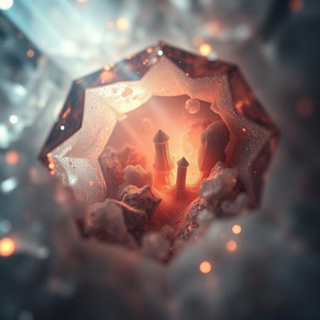 A cinematic extreme macro view plunging into the core of a mystical gemstone, revealing an impossible, surreal landscape within its facets. A miniature, forgotten nebula of soft, swirling stardust glows with an ethereal, dreamy light, illuminating crystalline structures like lost architecture. Mysterious, soft god rays pierce through a gentle haze, creating an atmosphere of profound and silent wonder, as if looking into a captured dream.