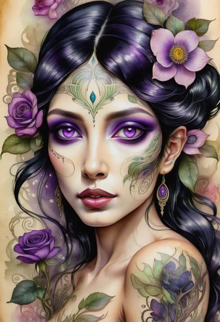 Illustration in ink and watercolor on parchment, Portrait of a beautiful Amazon, close up face, goddess of the Bschi, fantasy, mythological, legendary, a mysterious, elusive woman, black hair, purple eyes, tattoos, anemones and roses, sensual, erotic, provocative