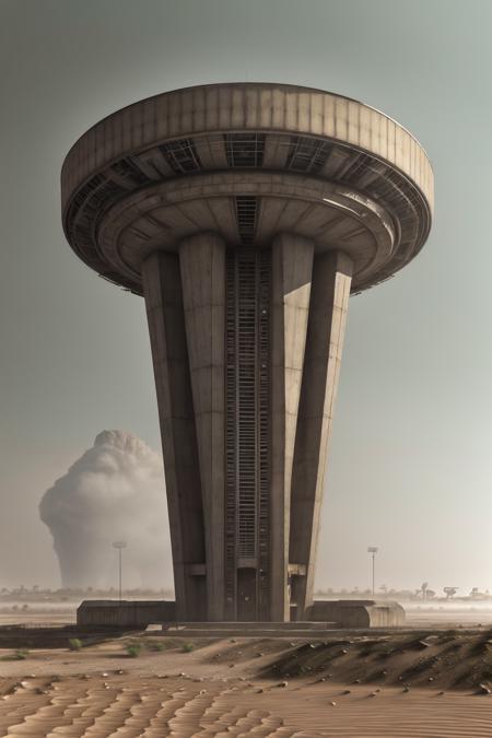 architecture, soviet architecture, photorealistic, retro, (soviet), (megastructure), low saturation, dirt, futuristic, concrete and shiny metal, details, texture, symmetric, dynamic light, film grain, desert, fog, mist, 
<lora:soviet_architecture_v1:0.5>