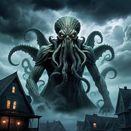 misty, cloudy sky, cthulhu rising from heavy cloud and for and can be barely seen, ruler of the demons, ominous night mist, davy jones with tentacles, dark neighborhood, the most epic, banshee,