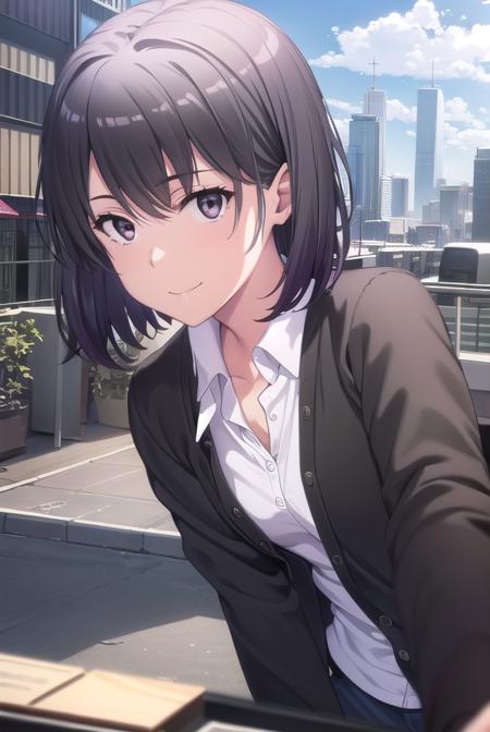 harunoyukinoshita, <lora:haruno yukinoshita s2s3-lora-nochekaiser:1>,
haruno yukinoshita, short hair, hair between eyes, (black eyes:1.5), black hair, gradient hair, two-tone hair, purple hair, smile,
BREAK shirt, white shirt, collared shirt, cardigan, black cardigan,
BREAK outdoors, city, sky, sun, people, crowd, buildings, clouds,
BREAK looking at viewer,
BREAK <lyco:GoodHands-beta2:1>, (masterpiece:1.2), best quality, high resolution, unity 8k wallpaper, (illustration:0.8), (beautiful detailed eyes:1.6), extremely detailed face, perfect lighting, extremely detailed CG, (perfect hands, perfect anatomy),