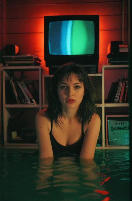 ((Introduce quality iteratively))((color photographic 27 yo woman a room filled with water 1980s video store vhs tapes, neon sign, crt tv screen, cute face, seductive, makeup, looking at viewer, dark, cinematic lighting, film grain, high contrast, red light, green light, 1980s, perfect, from above, horror theme)(evocative depth of field(absolute sharpness)(true black point)(art of genius)(relativistic gradients)((vibrant colorful saturated hues))((dark corners vignette))
<lora:LCM-LoRA-XL_V1:0.21>
<lora:SDXLHighDetail_v5:0.3>