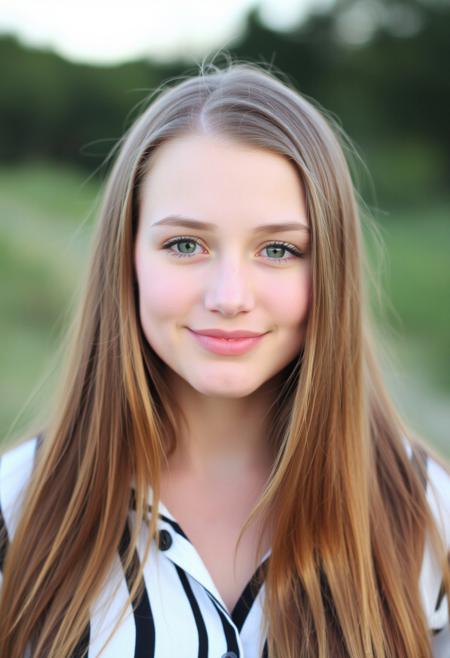 a young woman with long brown hair. She looks straight at the camera and smiles slightly. She has blond skin and expressive green eyes. A woman is wearing a shirt with vertical black and white stripes. Background nature, lighting is soft, sunset.