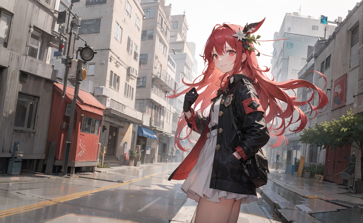 ((masterpiece,best quality)),1girl, long hair, red hair, solo, dress, red eyes, looking at viewer, long sleeves, standing,...