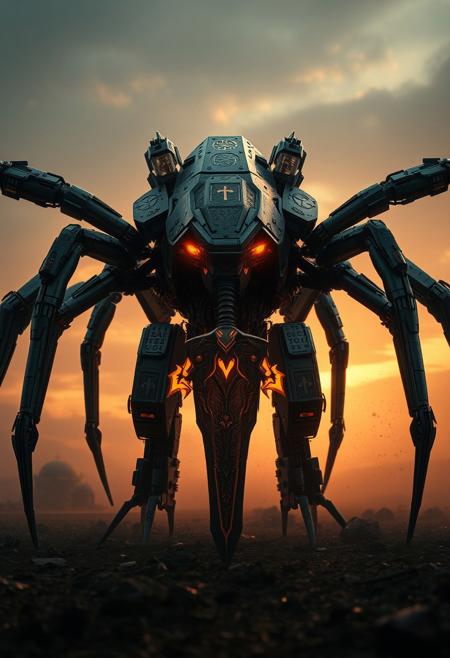 The hyper detail, sci-fi, robotic spider armed Arachnida war machine, the colossal war machine, StarCraft prostoss Colossus inspired machine. the 6 joined-led, the armor body, guns, turrets. Moving on the chaos field background at dawn. His head is marked with runes, body sword hangs on hand, glowing faintly with enchanted, golden runes. detail background, straight on angle shot, Full body shot, closed-up, ultra-realistic 32k resolution, official art styled digital painting, intricate armor engravings catching realistic lighting, film grain texture overlay, reversal film effect, high quality, detailed realistic background with scattered futuristic debris, shadowed craters, misty atmosphere, cinematic.
