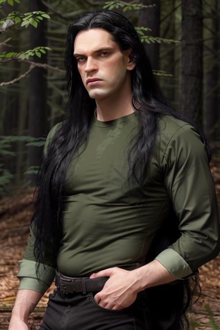 a man long black hair, green shirt, raw, 8k, uhd, upper body, (dark forest in background), <lora:peterSteele:1>