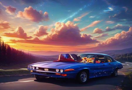 galaxystyle,  car made out of countless galaxy, hyper detail, masterpiece, score_10, randshadscree, anime drawing style, anime movie, driving at high speed,countless galaxy,yellow,  sports car made out of galaxy, bright blue and yellow energized sport car, score_9, score_8_up, score_7_up, score_6_up, shiny, driving, shiny, cloudy forest, Made of fluffy clouds, clutter, trash,