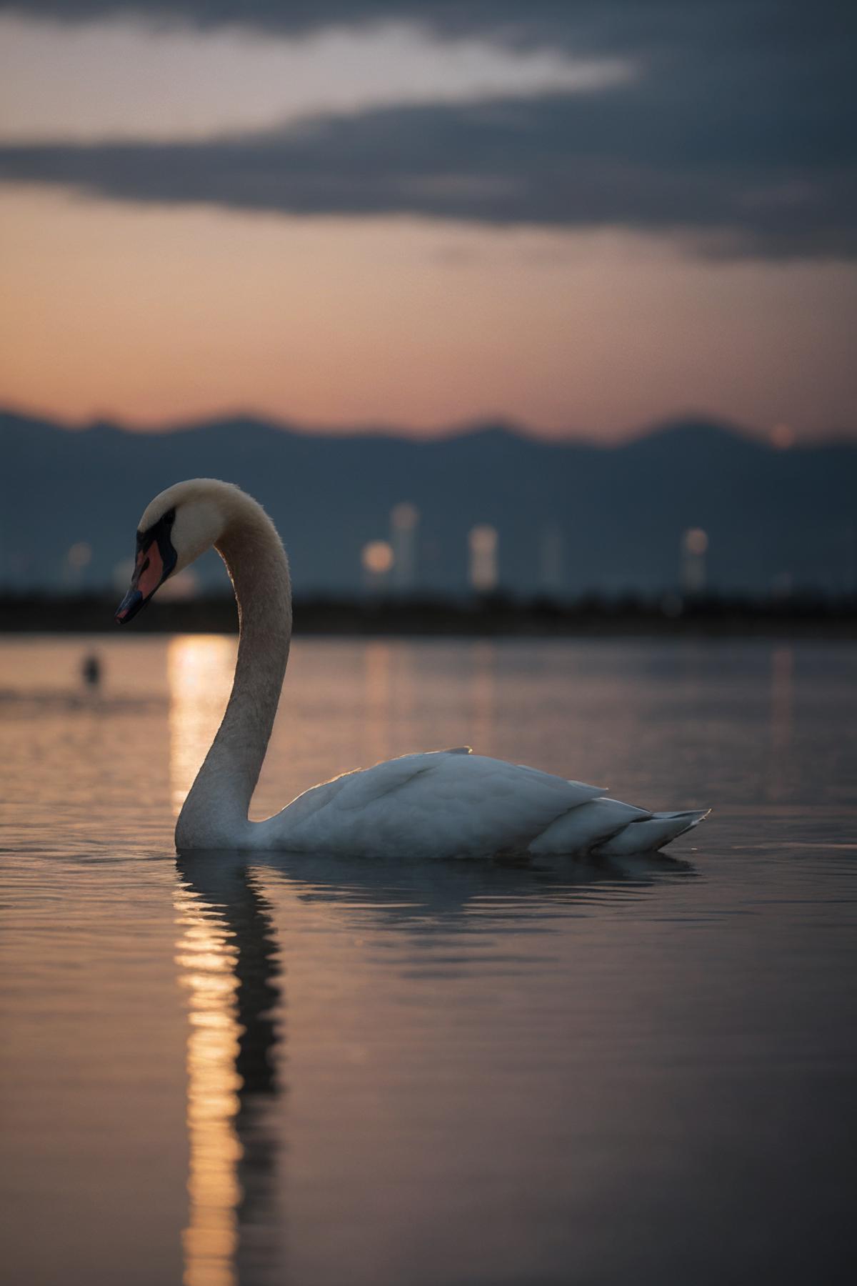 A swan in a lake at sunset.