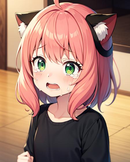 a girl with pink hair and green eyes wearing a black outfit and a hat with a cat ears on her head, (1girl:0.998), (animal ears:0.841), (blurry:0.537), (blush:0.912), (cat ears:0.843), (crying:0.989), (crying with eyes open:0.961), (green eyes:0.920), (looking at viewer:0.616), (open mouth:0.904), (pink hair:0.989), (school uniform:0.593), (shirt:0.568), (solo:0.981), (tearing up:0.840), (tears:1.000), (white shirt:0.705)