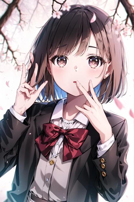 1girl, solo, brown eyes, cherry blossoms, bow, looking at viewer, brown hair, school uniform, finger to mouth, red bow, short hair, blurry, parted lips, flower, petals, jacket, bowtie, bangs, shirt, red bowtie, depth of field, collared shirt, parted bangs, branch, upper body, white shirt, index finger raised, black hair, shushing, hand up, blazer, (masterpiece,best quality)