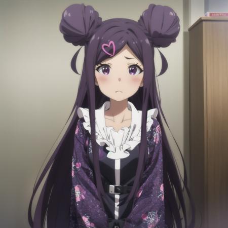 <lora:FruitTartV2:1> anime coloring, 1girl, solo, long hair, looking at viewer, bangs, hair ornament, purple eyes, purple hair, frills, parted bangs, double bun, heart hair ornament, blush