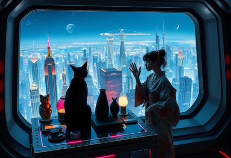 A sleek black cat with red collar sits on a cluttered metal riveted desk with transparent top and rgb led computer components visible inside, On the desk are a maneki neko statue and a lava lamp, the Black Cat is looking out of a seamless and futuristic floor to ceiling window that looks out at thousands of enormous wide and tall futuristic skyscrapers from a large window in a descending spaceship, a beautiful woman, 24 years old, is standing next to the cat looking at the viewer holding out her hand in a welcoming gesture, out the window is the enormous city at night, filled with buildings of many shapes and sizes, some over a mile tall))), the woman is dressed in an ornate Japanese style bath robe. An enormous deco starship with futuristic lighting and design is visible high above the city, and a space station is visible in the background among the stars, The woman's hair is messy from just waking up and tied up with a ribbon. Artistic cyberpunk, dynamic perspective, (((overall architectural aesthetic is Art Deco Cyberpunk))).  (((A large futuristic building shaped like a torii gate stands among the enormous tokyo structures,)))