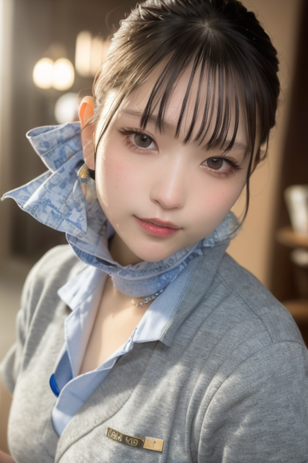 wearing gray anauniform with blue ribbon on neck,(RAW photo, best quality), (realistic, photo-realistic:1.4), masterpiece, an extremely delicate and beautiful, extremely detailed, 2k wallpaper, Amazing, finely detail, extremely detailed CG unity 8k wallpaper, ultra-detailed, highres, soft light, beautiful detailed girl, extremely detailed eyes and face, beautiful detailed nose, beautiful detailed eyes,cinematic lighting,city lights at night,perfect anatomy,1girl,