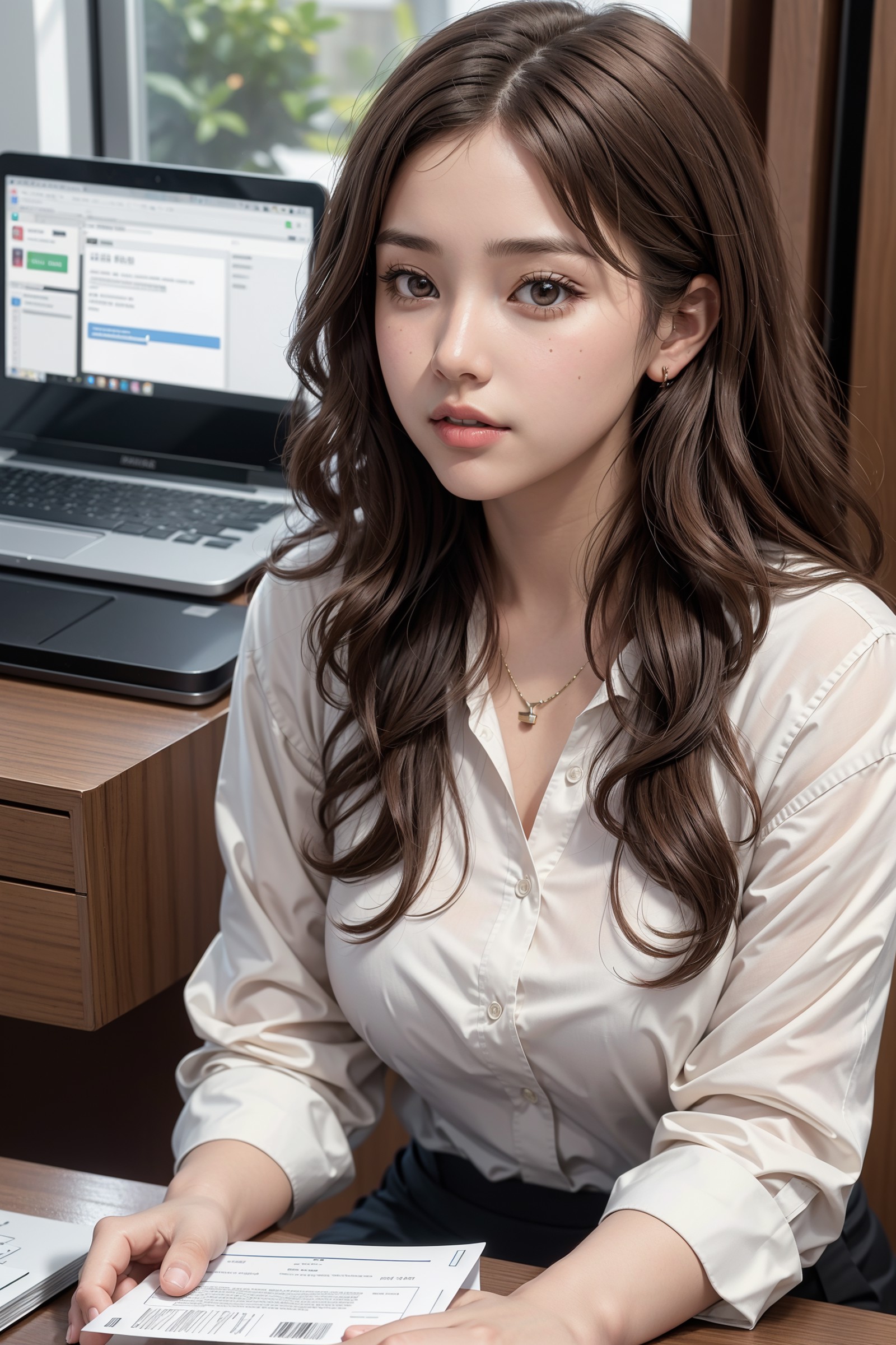 1girl,  light brown hair,  long nose, thick lips,   curly hair,  office lady, office, wavy hair, laptop, sitting, file, fi...