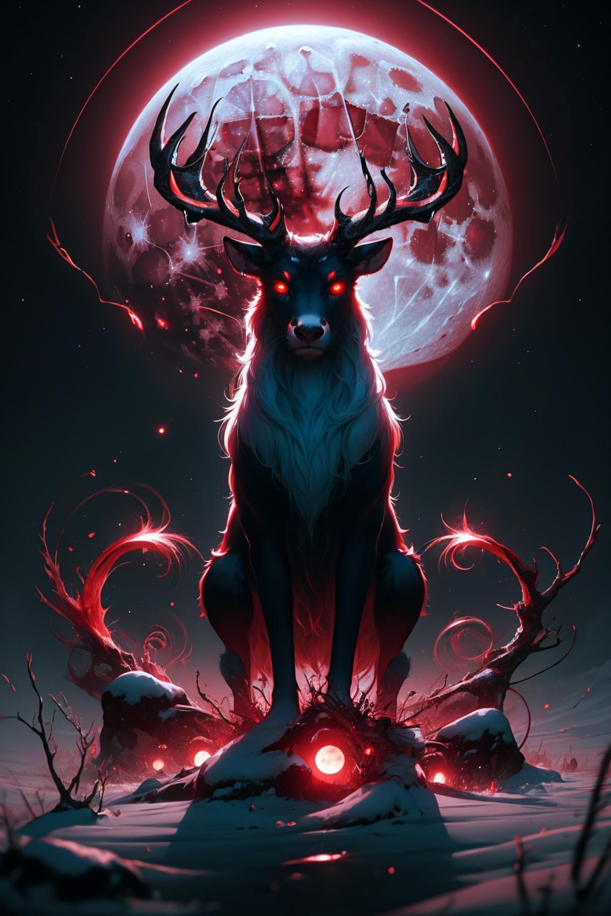 A dark and eerie image of a deer with glowing eyes, standing on a rock with a moon in the background.