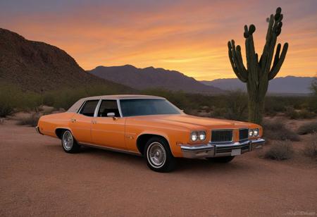 (1973 Oldsmobile Delta 88 Royale), Oldsmobile, orange sky, sky, outdoors, sunset, orange background, mountain, desert, gradient sky, yellow sky, cliff, cloud, rock, blue sky, tree, nature, evening, twilight, mountainous horizon, solo, grass, hill, day, horizon, orange theme, sand, sun, dusk, forest, cactus, motor vehicle, no humans,
