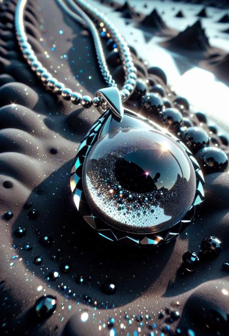 score_9, score_8_up, score_7_up, masterpiece, amazing quality, best quality, very aesthetic, absurdres, very awa, hyper-realistic, ultra-HD, perfect composition, cinematic lighting, volumetric lighting, raytracing, ambient occlusion, extreme close up, 
BREAK
ObsidianSand, Obsidian Sand Necklace, glittering beads, silver chain, dark sparkle, mystic aura,