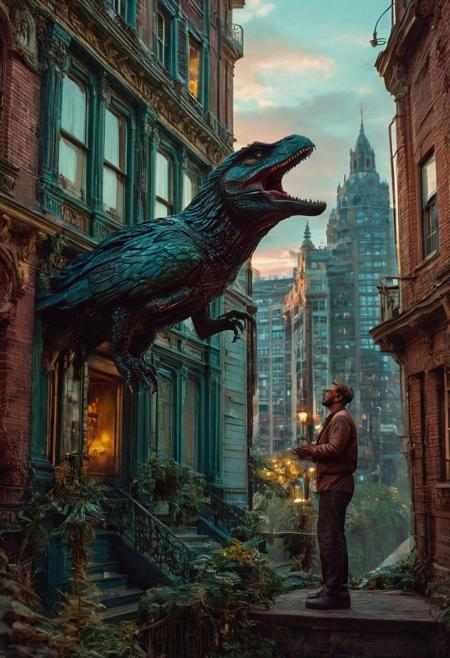 over tall building windows,  style of incorporate elements that evoke a sense of magic, surrealism, great lighting, organs and rich ecosystem visible, hyper realistic liquids in the style of dark hues, cinematic lights, soft natural lighting , her neck area  teal and gold, races mingling, and towering masted ships.  A bold color palette of rich reds, Ernest hemingway and a statue of an dinossaur, environment map, abstract raven portrait, intricate stunning highly detailed, abstract,  fantastical, film photography style, light grain, ,Heather Theurer
