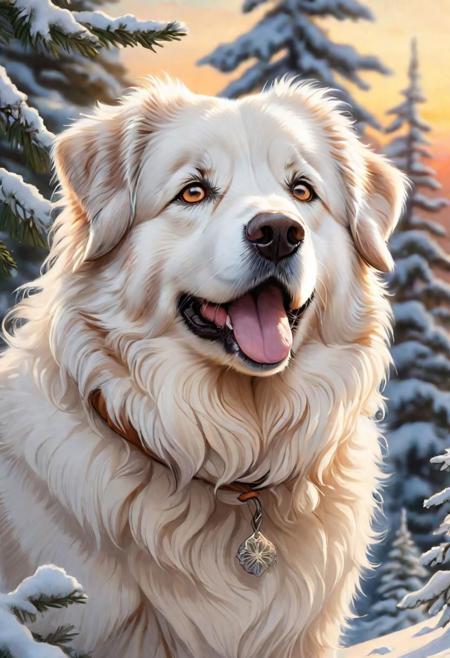 Bio luminescent, a cute adorable Pyrenees Mountain Dog in snow. heroic, close-up, hyper detailed, trending on art station, sharp focus, studio photo, intricate details, highly detailed, winter-themed illustrations, sunset, soft watercolor style, muted color palette, standing triumphant on a trees fir covered hilltop in winter , detailed soft fine fur, detailed large round eyes, atmospheric volumetric lighting, backlighting, best quality, hyper real,