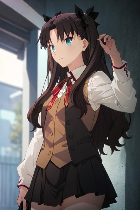 best quality, masterpiece, highres, solo, {tohsaka_rin_fatestaynightufotable:1.15}, long_hair, black_hair, ribbon, two_side_up, hair_ribbon, blue_eyes, brown_hair