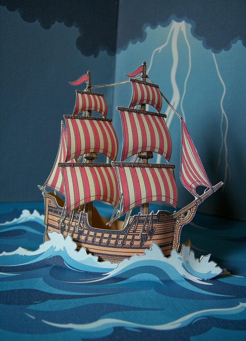 a_paper_model_cutout_of_a_pirate_ship_sailing_in_stormy_seas__high_waves_crashing_on_the_side_of_the_ship__storm_clouds_in_the_sky_in_the_background__lightning_bolts_and_heavy_rain_627854300.png