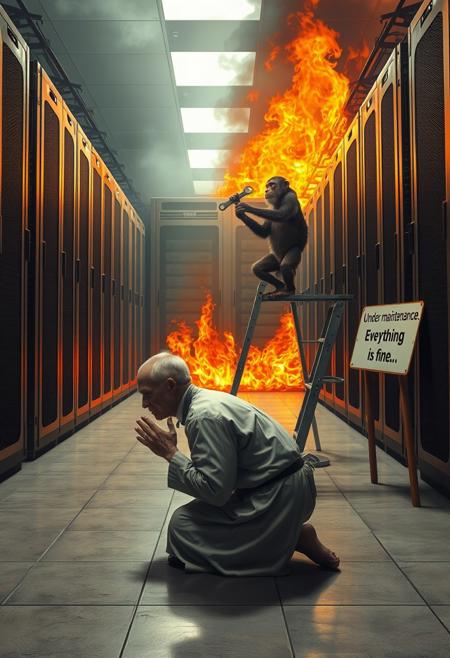 realistic, surreal, highly detailed, masterpiece, a priest kneeling on the ground, praying with his head touching the floor, in front of a monkey standing on a step ladder holding a wrench in front of a row of server machines that is on fire, there are sign that said "Under maintenance, everything is fine"