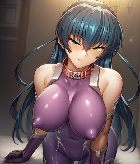 igawa asagi, blue hair, long hair, hair between eyes, green eyes, large breasts asagi suit, ninja, bodysuit, purple bodysuit, fishnets, covered collarbone, gloves, skin tight, covered nipples, bare shoulders, elbow gloves, shiny clothes