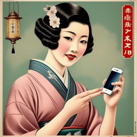 A photorealistic image that combines the vintage allure of a 1930s Japanese product poster with the modernity of smartphones. The central figure should be a model dressed in 1930s Japanese fashion, holding a smartphone prominently. Instead of traditional products like medicine bottles or jars commonly seen in vintage advertisements, the background should feature various models of smartphones, each displayed elegantly. These smartphones could be showcased on pedestals or floating in the air, adorned with art deco elements or traditional Japanese patterns. The color scheme should blend the vintage and modern aesthetics seamlessly. The model's expression should be inviting, and the lighting should effectively highlight both the model and the smartphones,<lora:oldjpposter:0.35>