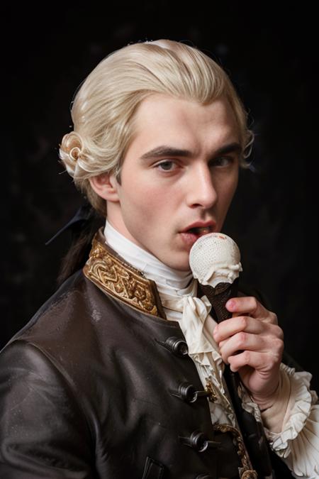 <lora:18th_Century_man_V0-000018:0.65> w16hsl1ps, 1boy, 1man (licking an ice cream, tongue:1.25), 20yo,  professional studio quality modeling headshot, 4K, 18th century clothes, historical wig, white hair, (simple black background:1.2), dramatic lighting, ultra realistic photograph, professional art, by Gucci photographer,  (dark brown coat), ponytail with black ribbon