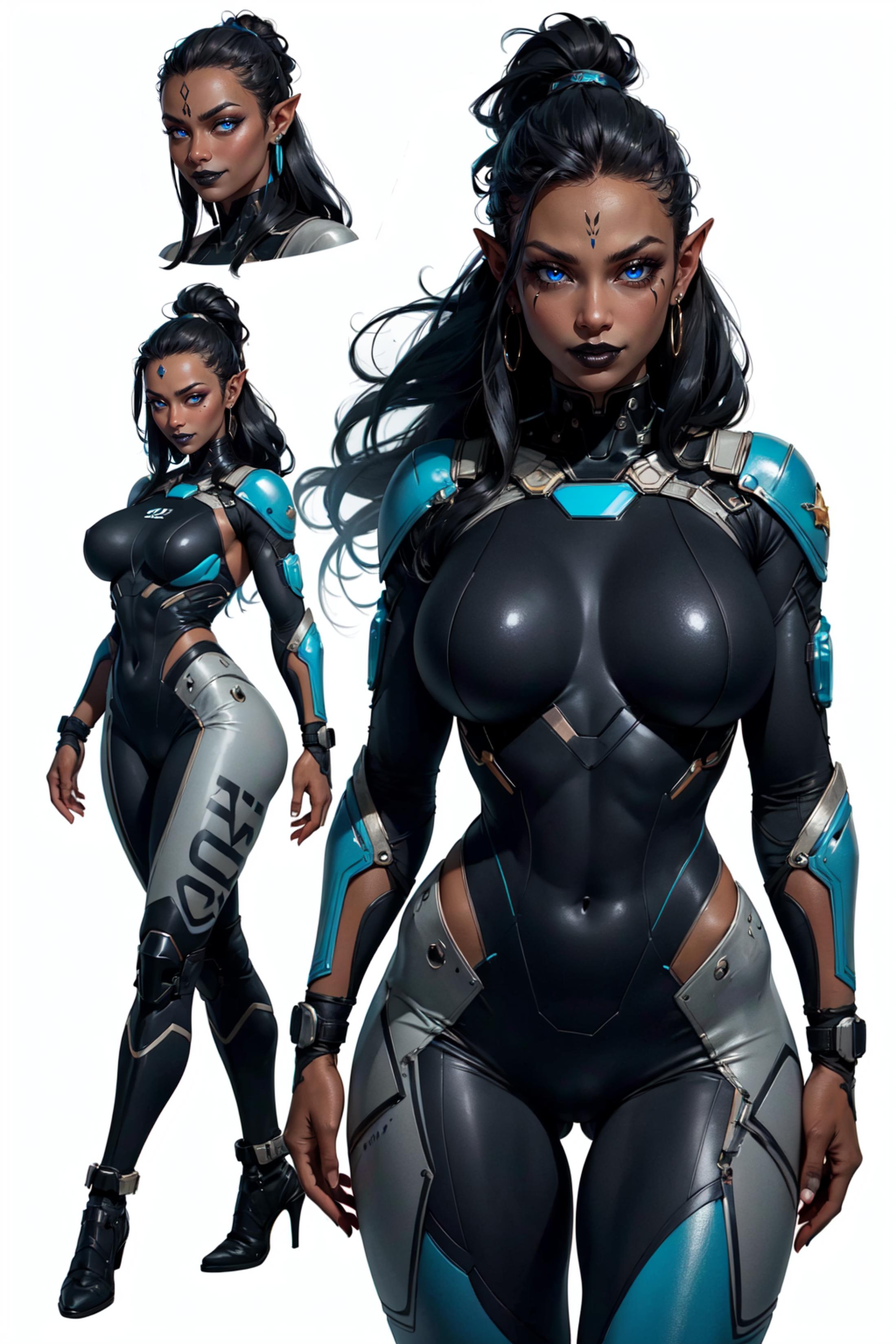 3D rendering of a female warrior with blue eyes, wearing a tight outfit and a sword.