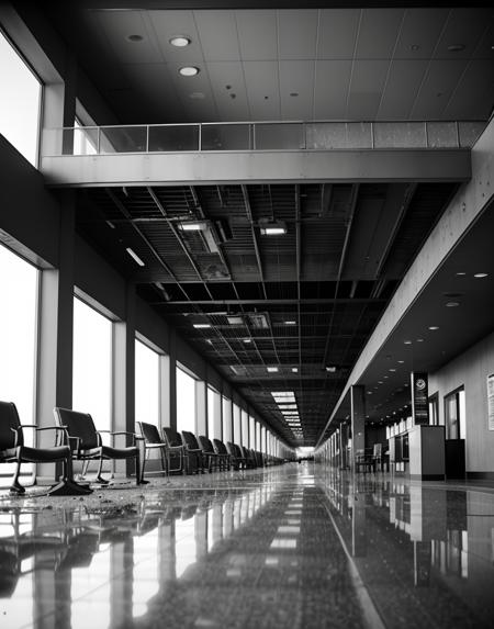 cinematic film still busy international airport terminal lobby, modern,  grayscale vintage,  red-panic-button-positive . shallow depth of field, vignette, highly detailed, high budget Hollywood movie, bokeh, cinemascope, moody, epic, gorgeous, film grain, grainy