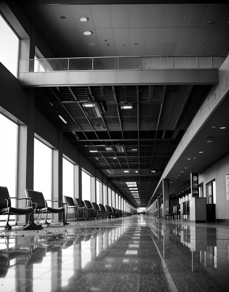 cinematic film still busy international airport terminal lobby, modern,  grayscale vintage,  red-panic-button-positive . s...