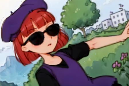 highest quality, highest quality visuals, highest details, <lora:Judy Funnie V2:0.75> judy_funnie, red hair, sunglasses, shaved sides of head, purple beret, purple dress, black undershirt, landscape