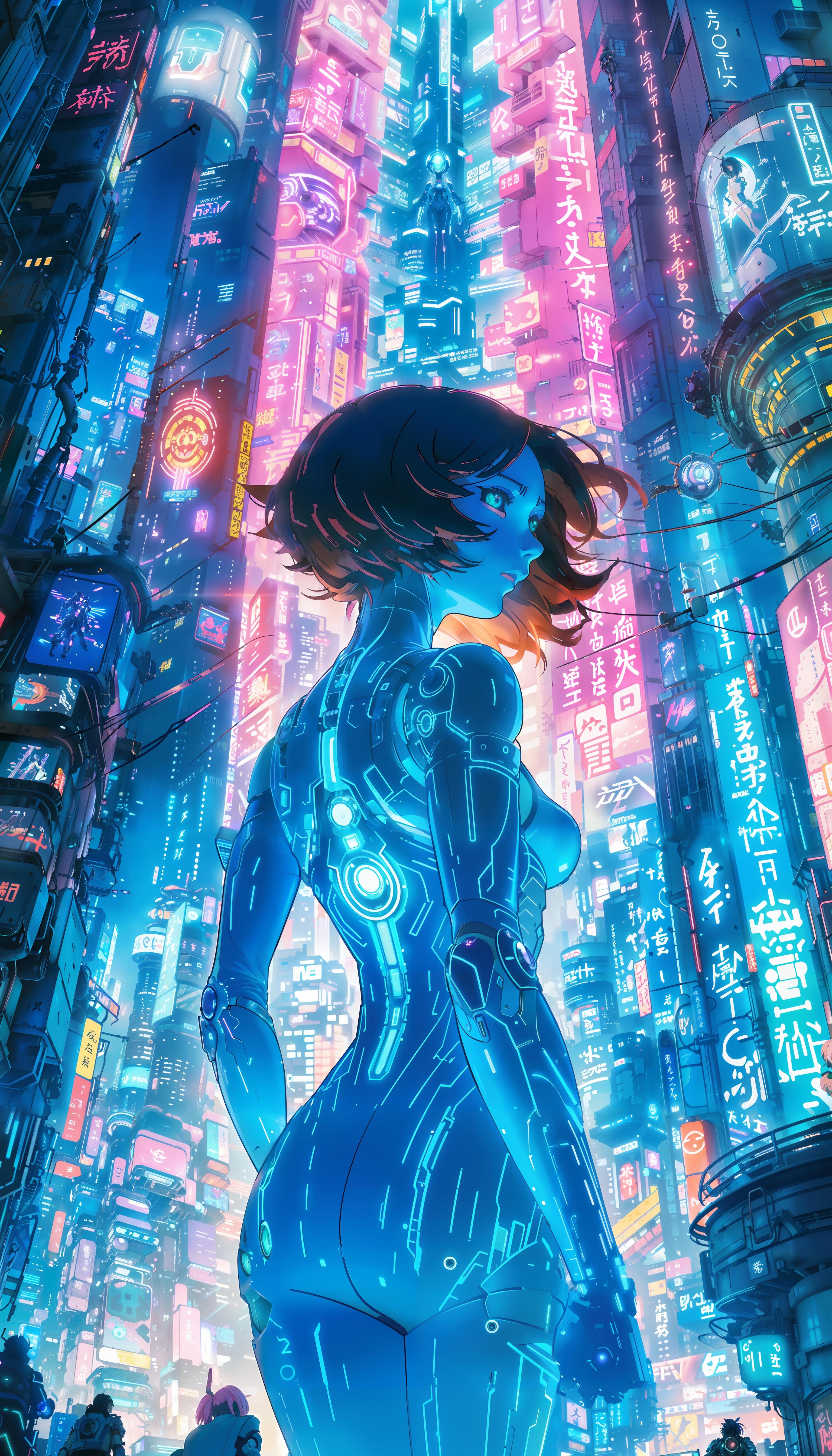 Woman in a blue dress standing in a futuristic city surrounded by neon lights.