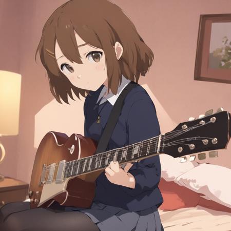 A masterpiece anime professional digital art of a girl named Hirasawa Yui playing a Gibson guitar in bedroom, closeup portrait, in style of Kyoto Animation, K-ON style <lora:hirasawa_yui_xl-000024:1>