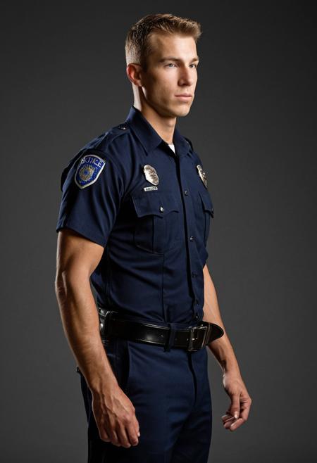 Ultra-realistic side profile photo of a 20-year-old handsome Caucasian male police academy recruit. He wears a tight short-sleeved navy police uniform and black duty belt. His upper body is lean and slim, with narrow shoulders and a flat chest, contrasting with extremely muscular glutes and thick, powerful legs that stretch the uniform pants. He stands in a rigid pose, looking forward with a confident, calm expression. Clean background, cinematic lighting, sharp detail, realistic proportions, full body in frame, police training setting.