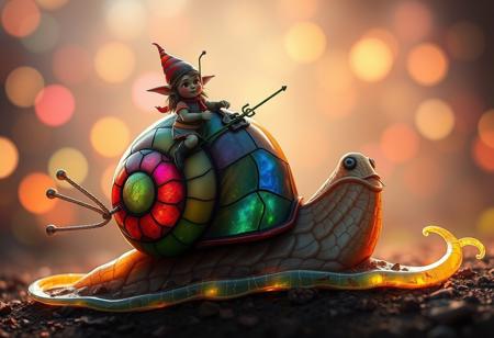 a tiny goblin jockey riding on the back of a giant snail, neon reins,the snail's shell is made of stained glass, slime trail, neon bokeh, in the style of a fantasy painting