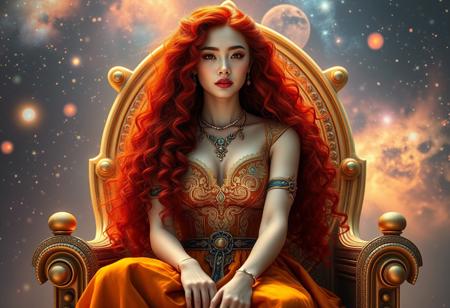 Stunning portrait of the beautiful Queen of the Cosmos, with Asian skin, sitting on an Ethereal Throne, ((Gorgeous Long Curly Red Hair:1.1) ), Use warm tones and soft lighting, galaxy background