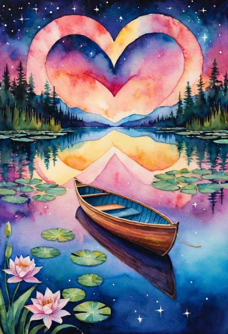 Create a watercolor depiction of a magical moment with a solitary rowboat on a calm, luminous lake. The backdrop is a sky where dusk and night intermingle, revealing a galaxy that spirals into a vibrant heart shape, with stars dotting intricate, lace-like patterns. The lake mirrors this heart-shaped cosmos, adorned with floating lily pads that emit a soft, otherworldly glow. The scene, reminiscent of a high-resolution Canon EOS R5 photo, captures every nuanced detail and texture, blending the charm of watercolors with the precision of stained glass art, enveloping the viewer in a romantic, fantastical atmosphere.