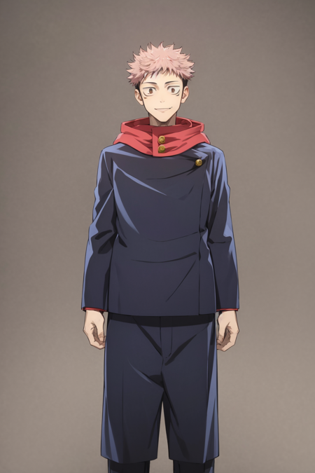 masterpiece, best quality, 1boy,  itadori yuuji, pink hair, spiked short hair, undercut, brown eyes, facial mark, hoodie, school uniform, gakuran, jacket, long sleeves, pants, shoes, standing, full body, solo, looking at viewer, smile, simple background <lora:Itadori:1>