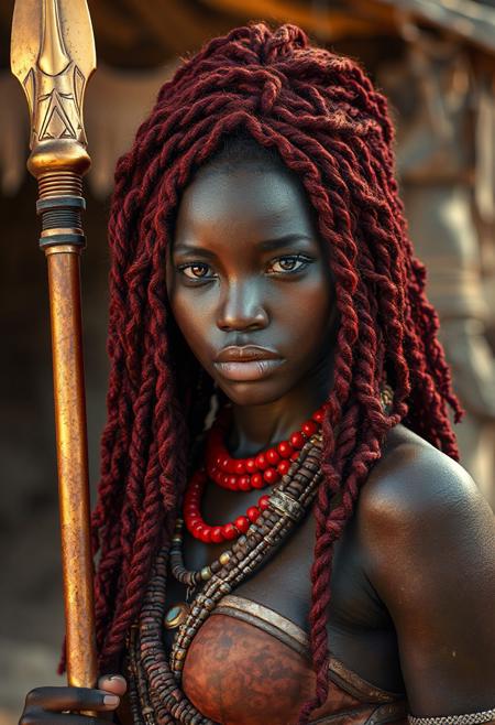 (masterpiece), (ultra realistic), (8k, cinematic lighting), (ambient_occlusion), (volumetric shadows), (rim lighting), ((exceptionally beautiful red-haired woman)), 22 years old, dark melanin skin, soft hourglass figure, long coily hair with beads, wearing a zulu women warrior attire, outside holding a golden spear.